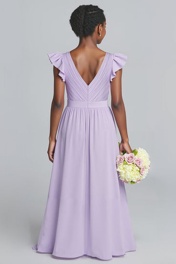Robe de demoiselle d’honneur junior longue en mousseline de soie a-ligne lilas à col en V avec volants